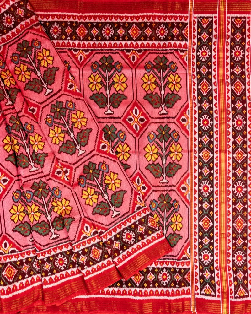 pink Floral Twill Ikat Patola Saree