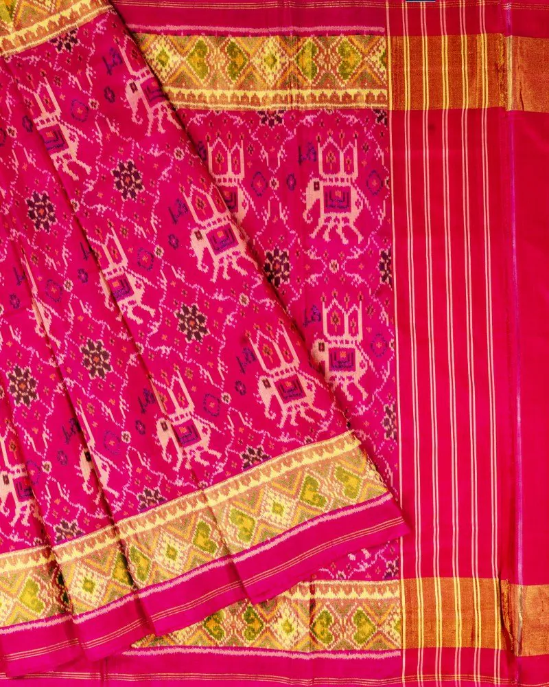 Rani Pink Gajraj Motif Semi Ikat Patola Saree